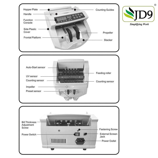 JD9 Note Counting/Currency Counting Machine Note Counting Machine with UV/MG Counterfeit Notes Detection Function and External Display (Counting Speed - 1000 Notes/Min) (White)