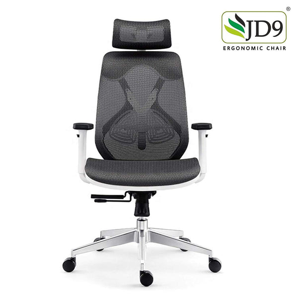 JD9 High Back Ergonomic Chair with Advanced Syncro Tilt Mechanism with Multi Position Lock, Adjustable Arms, Seat Depth & Headrest for Office & Home (White & Grey)