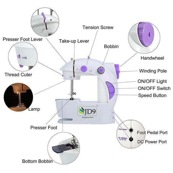 JD9 Mini Portable Sewing Machine 4 in 1 for Home Tailoring, Sewing Machines, Mini Sewing Machine for Home, Sewing Machine Mini, Hand Machine for Stitching, Hand Sewing Machines,White & Purple