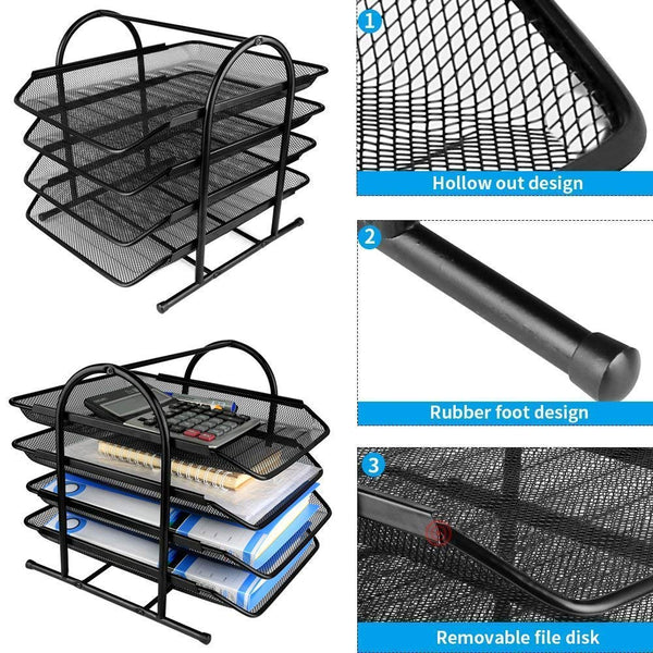 JD9 Metal Mesh 4 Tier Document Tray, File Tray, File Rack for A4 Size Documents/Files/Papers/Letters/folders Holder Desk Organizer (Black)