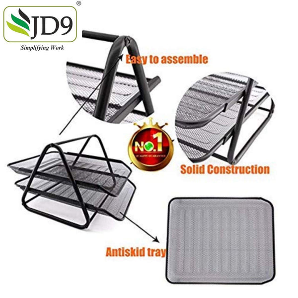 JD9 Metal Mesh 2 Tier Document Tray, File Tray, File Rack for A4 Documents/Files/Papers/Letters/folders Holder Desk Organizer (Black)