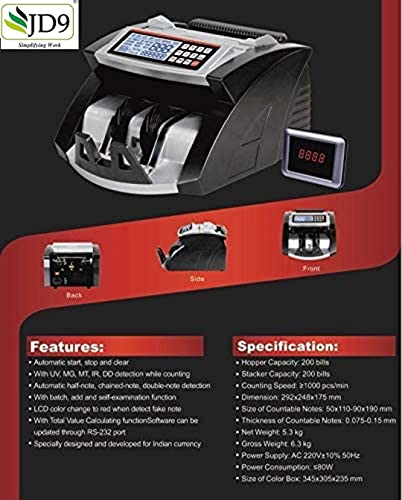 JD9 Latest Note Counting Machine with Fake Note Detection/Currency Counting Machine/Money Counting Machine with UV MG IR Detection - Heavy Duty for Professional & Bank USE