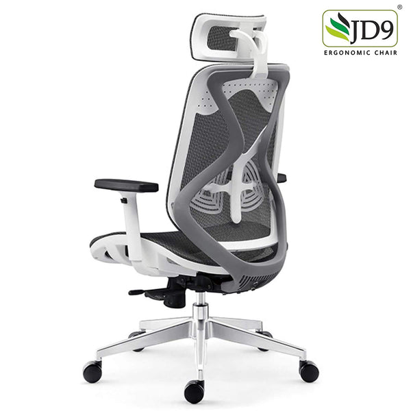 JD9 High Back Ergonomic Chair with Advanced Syncro Tilt Mechanism with Multi Position Lock, Adjustable Arms, Seat Depth & Headrest for Office & Home (White & Grey)